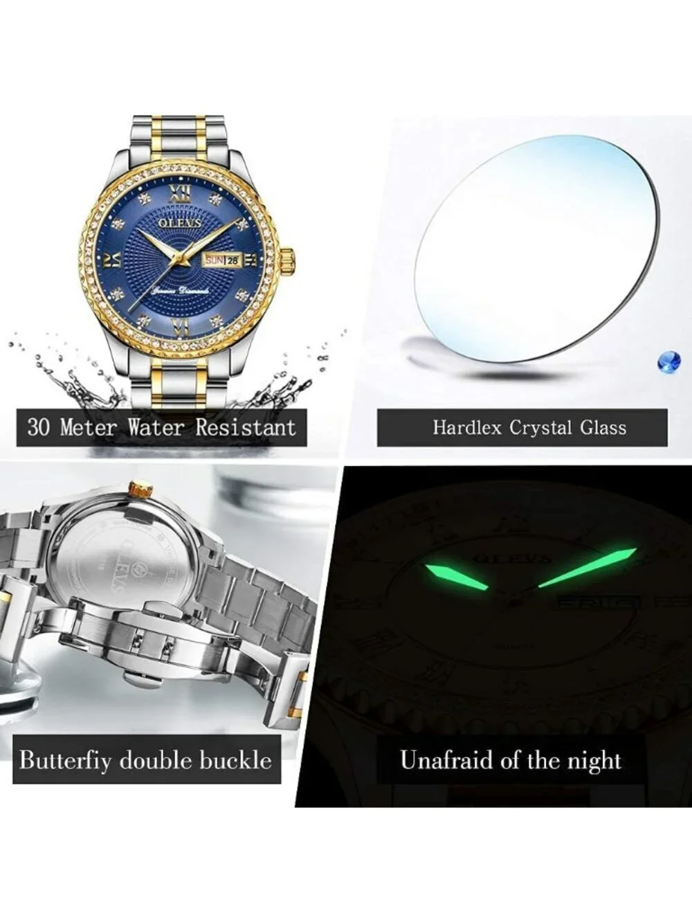 Mens Silver Blue Diamond Stainless Steel Waterproof Luminous Analog Luxury Watch